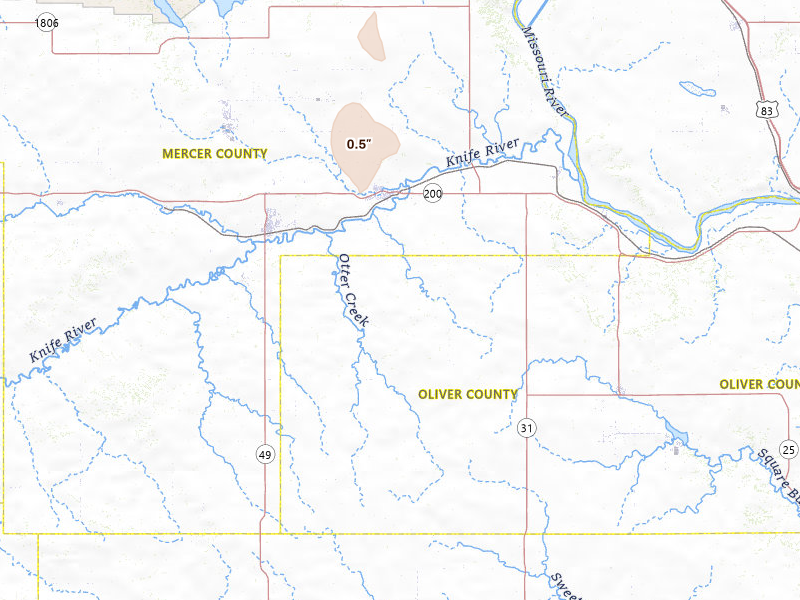 Radar-estimated hail-size map of the storm over Hazen, ND on May 31, 2026