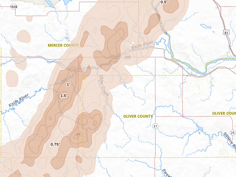 Radar-estimated hail-size map of the storm over Hazen, ND on Jun 9, 2026