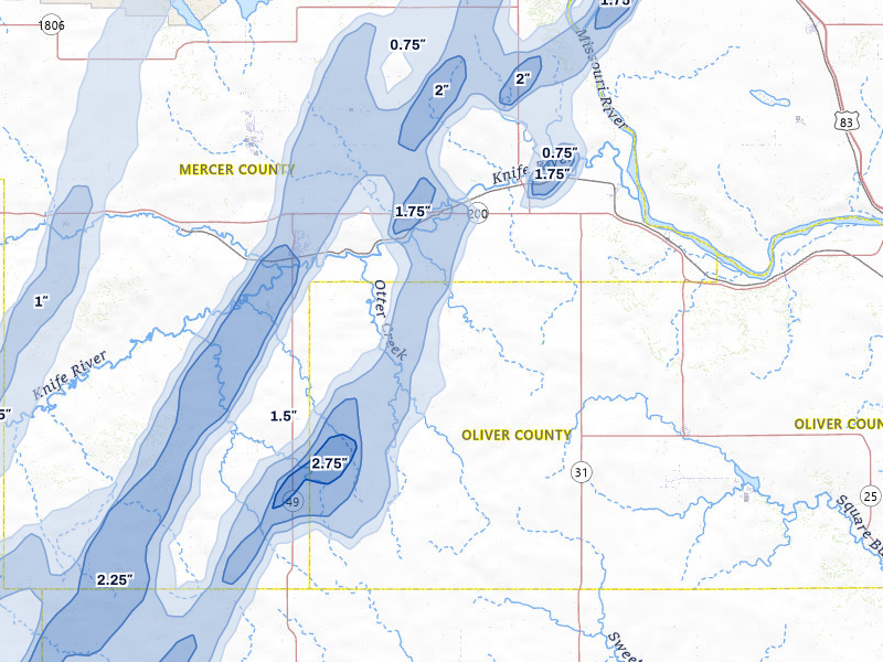 NEXRAD radar-signature map of the hail storm over Hazen, ND on Jun 9, 2026