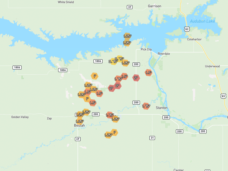 Hail map of Hazen, ND on Jun 9, 2026, hail up to 2"