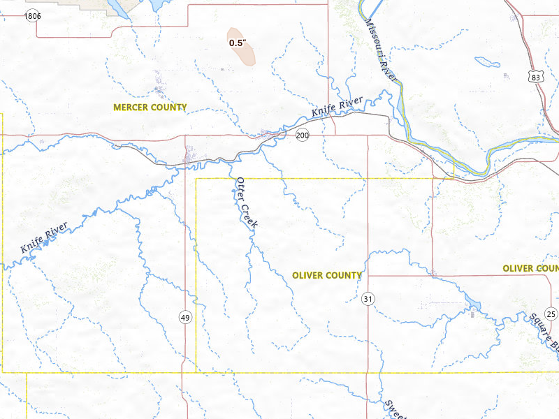 Radar-estimated hail-size map of the storm over Hazen, ND on Jun 15, 2026