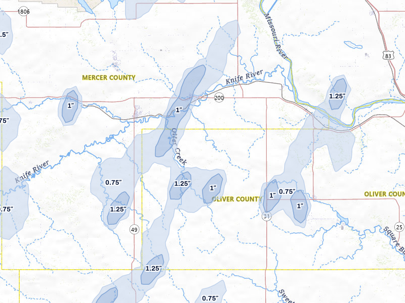 NEXRAD radar-signature map of the hail storm over Hazen, ND on Jun 27, 2026