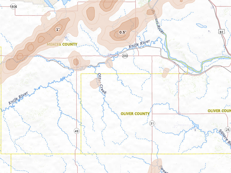 Radar-estimated hail-size map of the storm over Hazen, ND on Jun 28, 2026