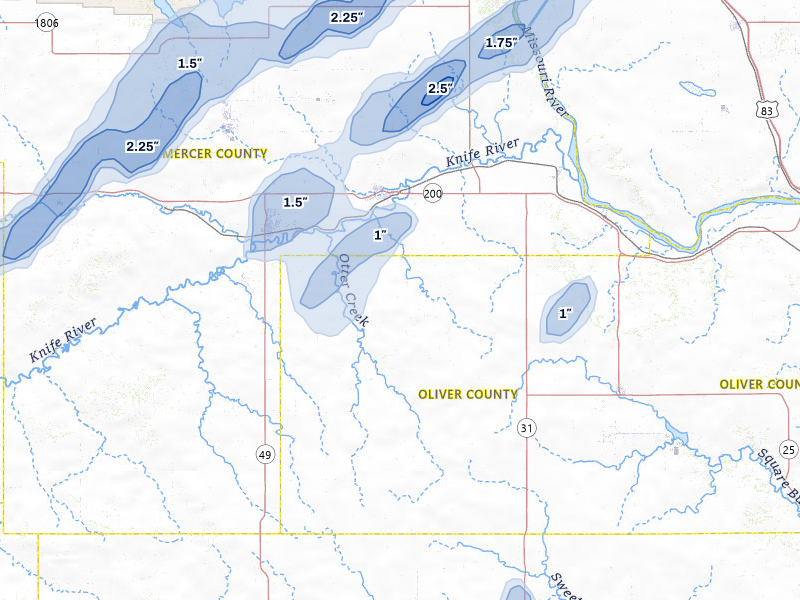 NEXRAD radar-signature map of the hail storm over Hazen, ND on Jun 28, 2026