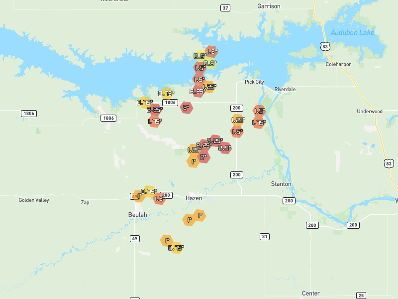 Hail map of Hazen, ND on Jun 29, 2026, hail up to 2.5"