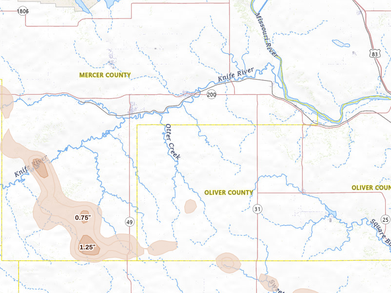 Radar-estimated hail-size map of the storm over Hazen, ND on Jul 3, 2026