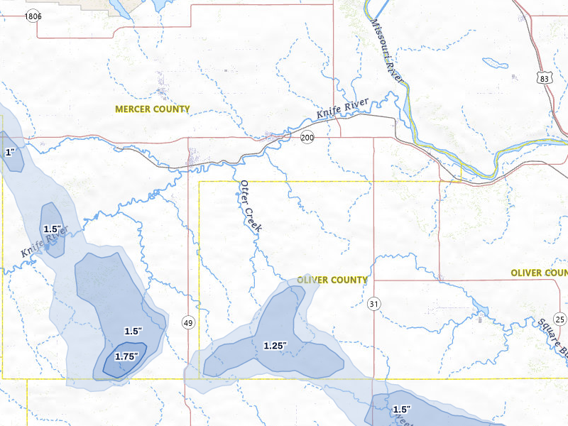 NEXRAD radar-signature map of the hail storm over Hazen, ND on Jul 3, 2026
