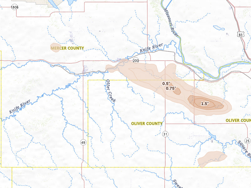 Radar-estimated hail-size map of the storm over Hazen, ND on Jul 19, 2026