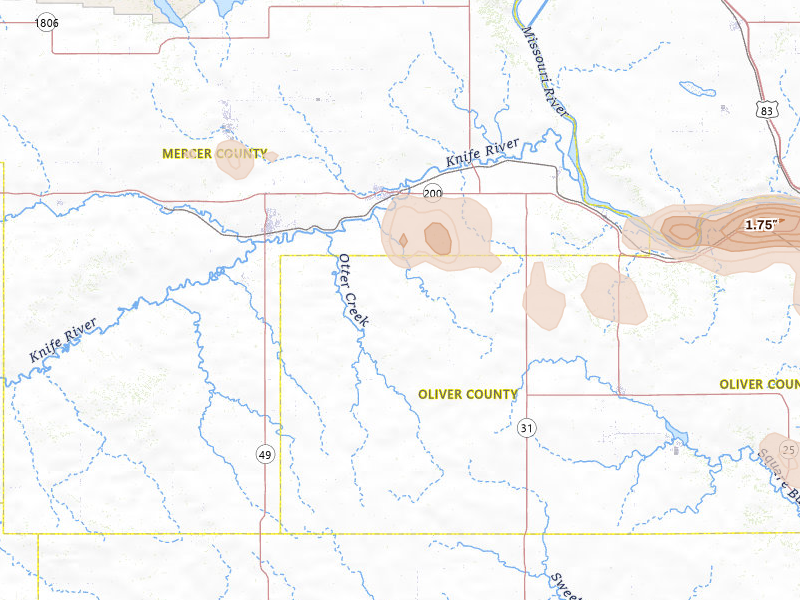 Radar-estimated hail-size map of the storm over Hazen, ND on Jul 24, 2026