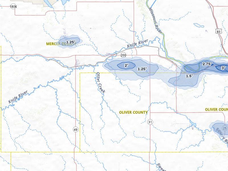 NEXRAD radar-signature map of the hail storm over Hazen, ND on Jul 24, 2026