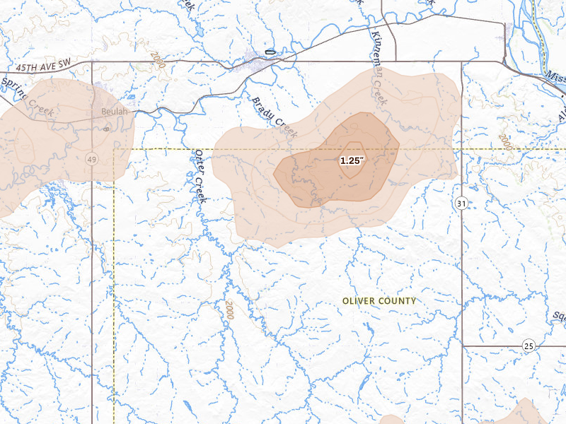 Radar-estimated hail-size map of the storm over Hazen, ND on Aug 30, 2026