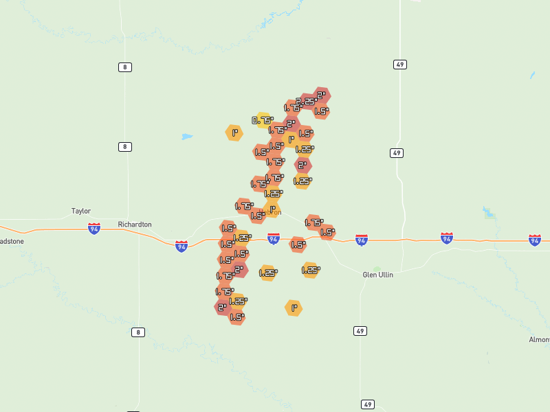 Hail map of Hebron, ND on Jun 9, 2026, hail up to 2.25"