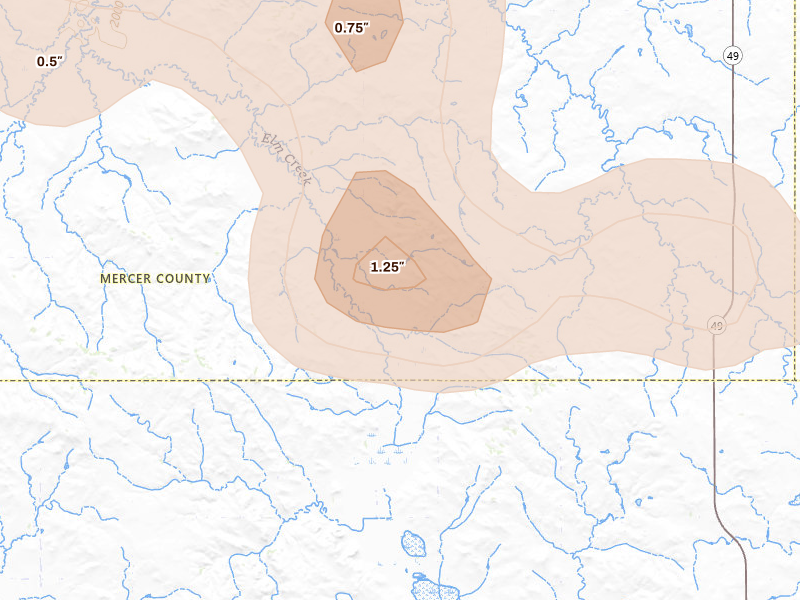 Radar-estimated hail-size map of the storm over Hebron, ND on Jul 3, 2026