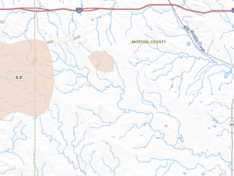 Radar-estimated hail-size map of the storm over Hebron, ND on Aug 30, 2026