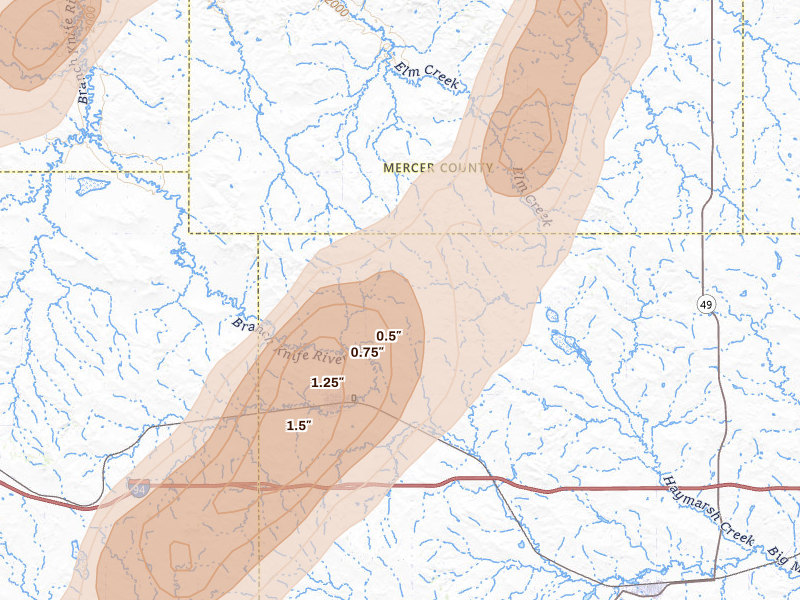 Radar-estimated hail-size map of the storm over Hebron, ND
