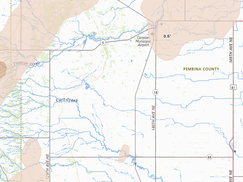 Radar-estimated hail-size map of the storm over Hensel, ND on Jun 2, 2026