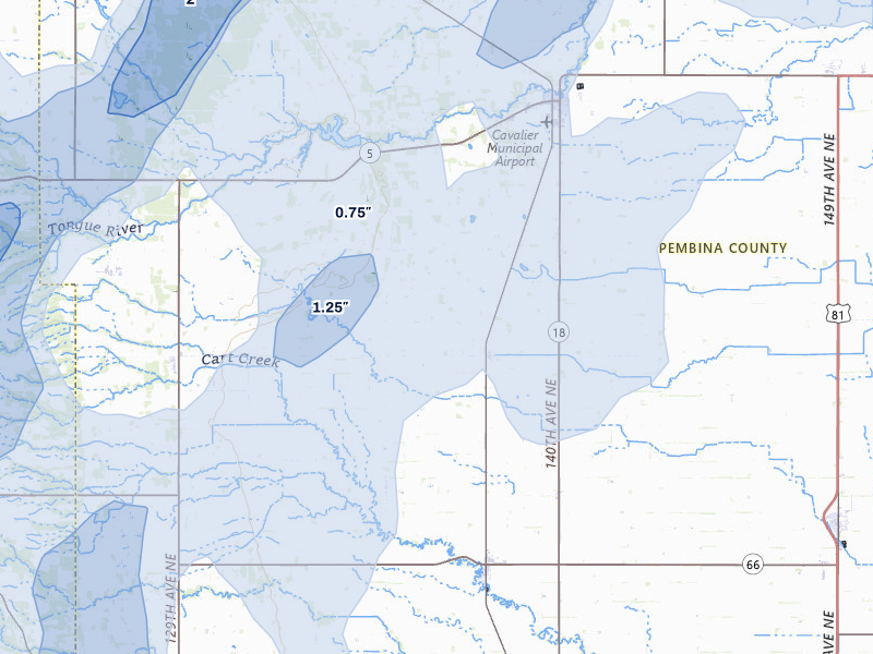 NEXRAD radar-signature map of the hail over Hensel, ND