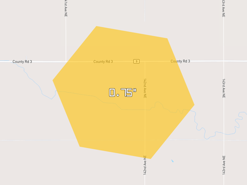 Hail map of Hensel, ND on Jun 3, 2026, hail up to 0.75"