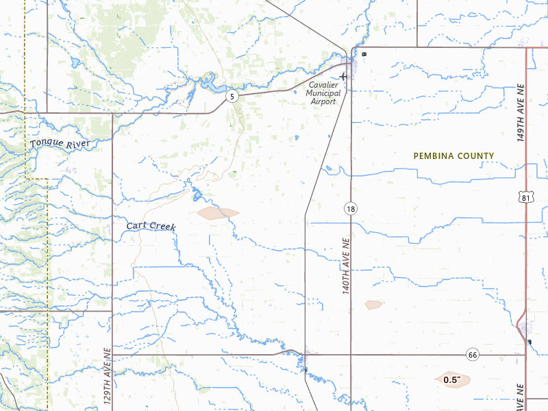 Radar-estimated hail-size map of the storm over Hensel, ND on Jun 15, 2026