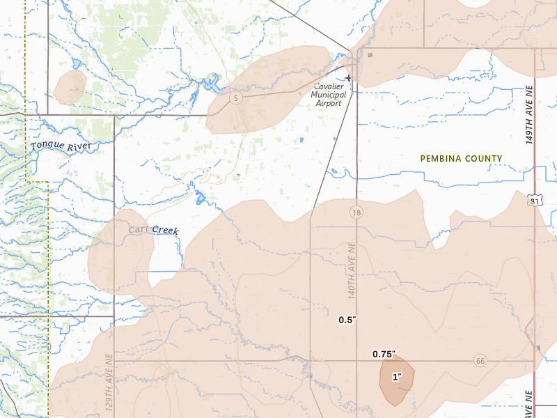 Radar-estimated hail-size map of the storm over Hensel, ND on Jun 28, 2026