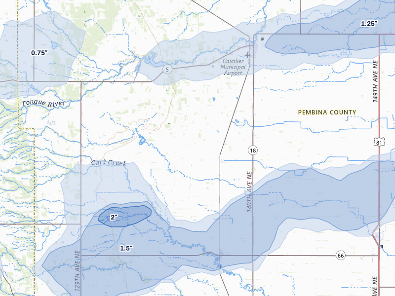 NEXRAD radar-signature map of the hail storm over Hensel, ND on Jun 28, 2026