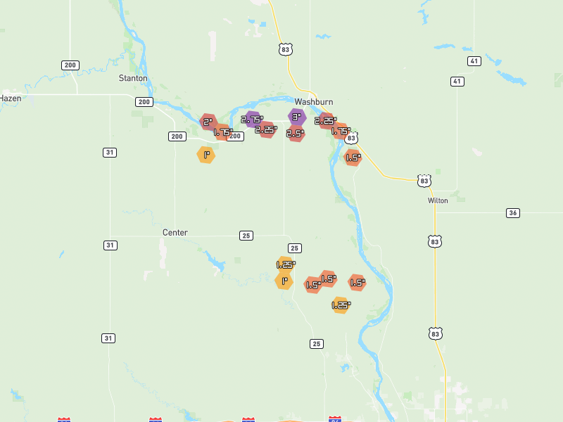 Hail map of Hensler, ND on Jul 24, 2026, hail up to 3"