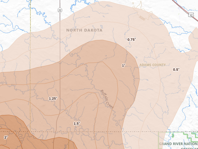 Radar-estimated hail-size map of the storm over Hettinger, ND on Jun 27, 2026
