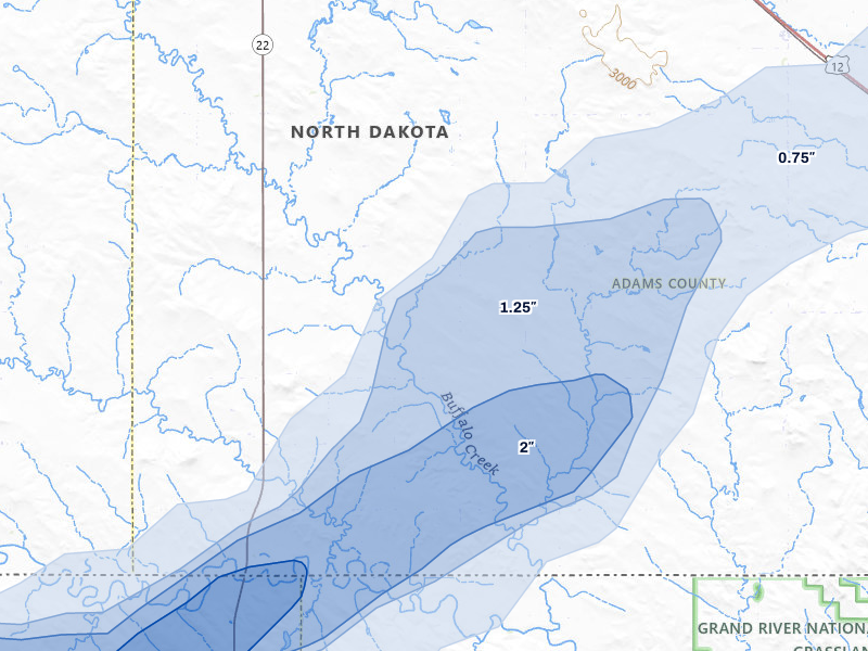 NEXRAD radar-signature map of the hail storm over Hettinger, ND on Jun 27, 2026