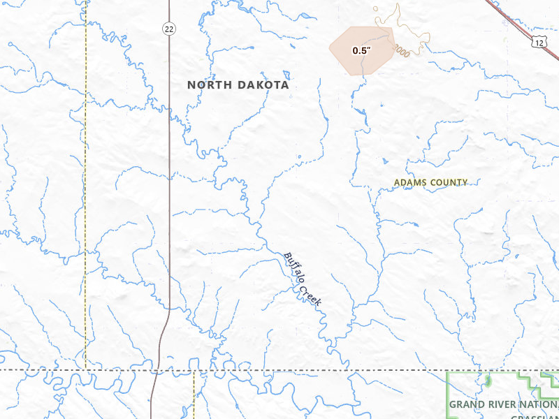 Radar-estimated hail-size map of the storm over Hettinger, ND on Jul 1, 2026
