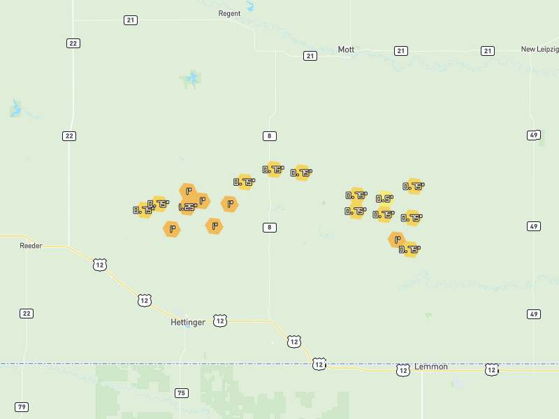 Hail map of Hettinger, ND on Jul 2, 2026, hail up to 1.25"