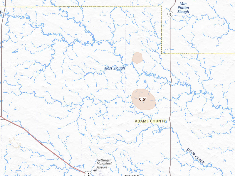 Radar-estimated hail-size map of the storm over Hettinger, ND on Jul 29, 2026
