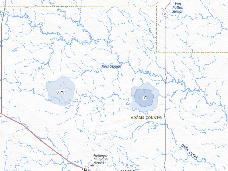 NEXRAD radar-signature map of the hail storm over Hettinger, ND on Jul 29, 2026