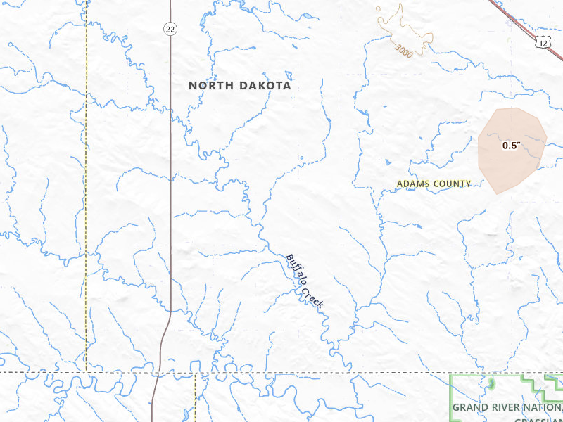 Radar-estimated hail-size map of the storm over Hettinger, ND on Jul 30, 2026