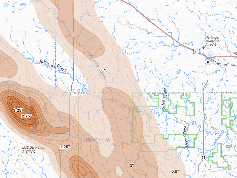 Radar-estimated hail-size map of the storm over Hettinger, ND on Aug 10, 2026