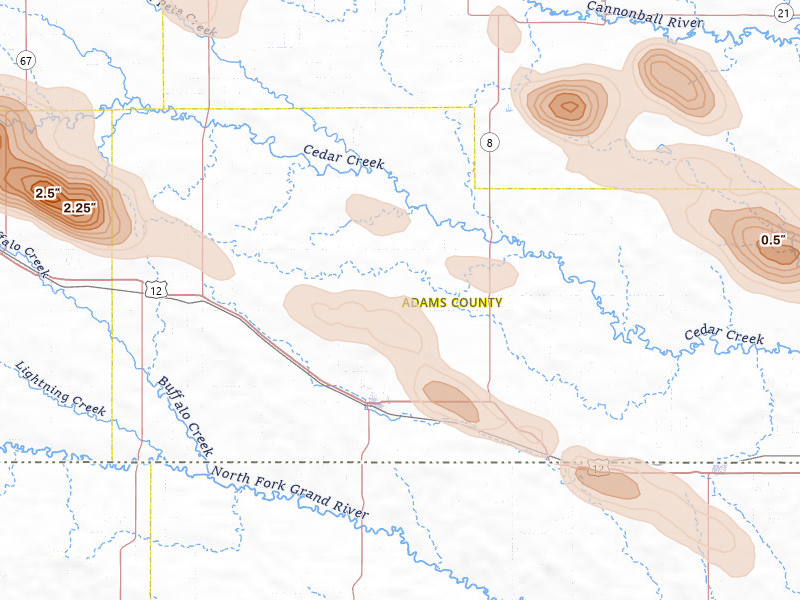 Radar-estimated hail-size map of the storm over Hettinger, ND on Aug 11, 2026