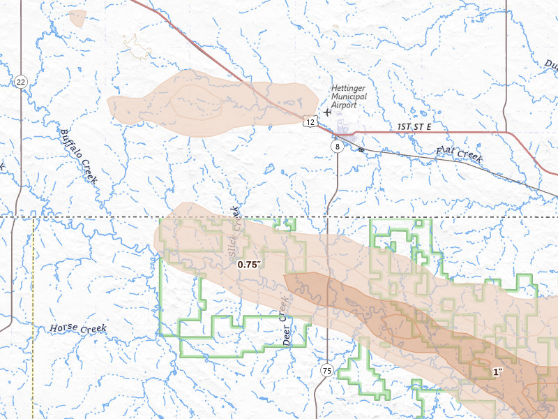 Radar-estimated hail-size map of the storm over Hettinger, ND on Aug 17, 2026