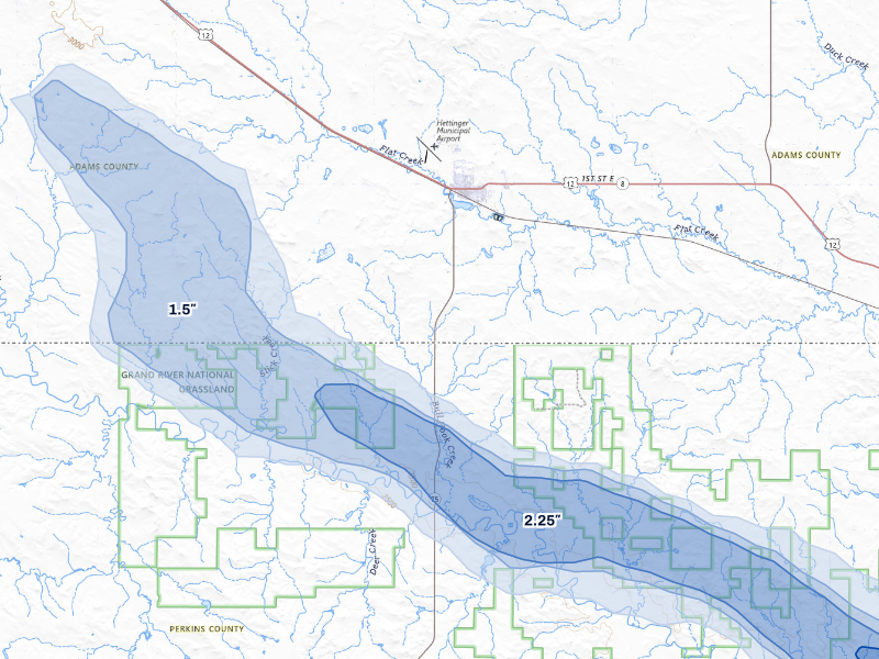 NEXRAD radar-signature map of the hail storm over Hettinger, ND on Aug 17, 2026
