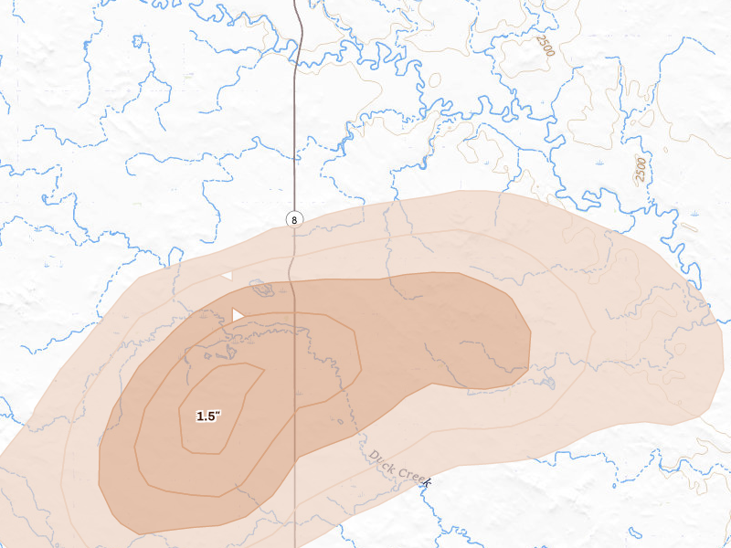 Radar-estimated hail-size map of the storm over Hettinger, ND on Aug 30, 2026