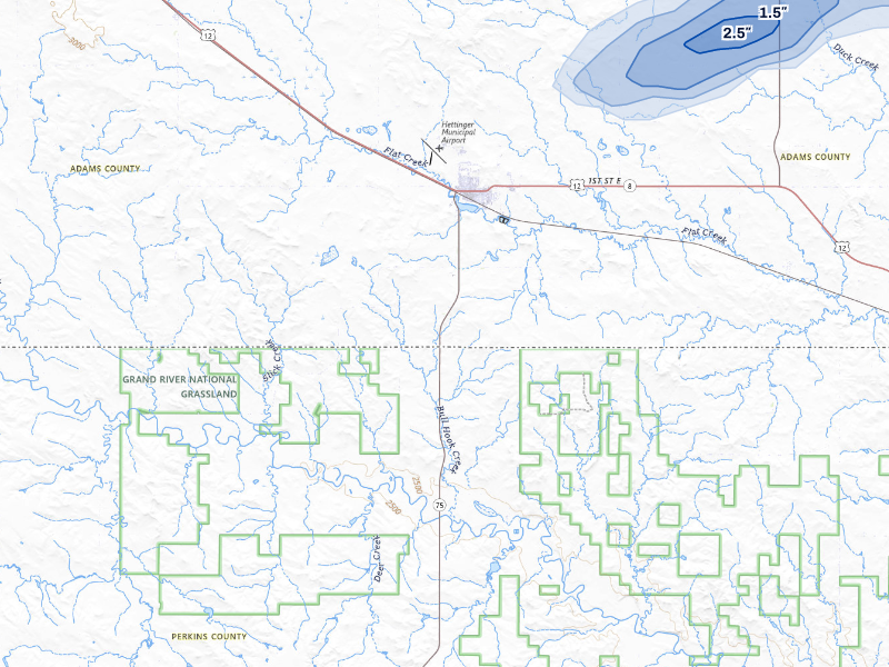 NEXRAD radar-signature map of the hail storm over Hettinger, ND on Aug 30, 2026
