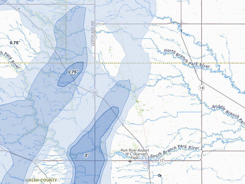 NEXRAD radar-signature map of the hail storm over Hoople, ND on Jun 2, 2026