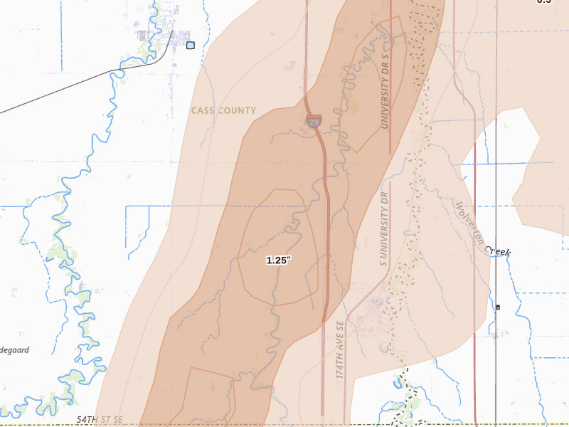 Radar-estimated hail-size map of the storm over Horace, ND on Jun 29, 2026
