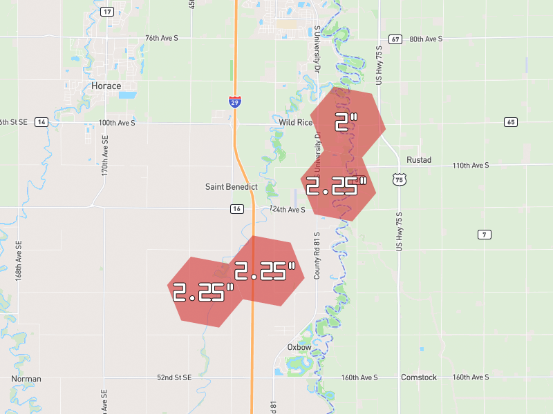 Hail map of Horace, ND on Jun 30, 2026, hail up to 2.25"