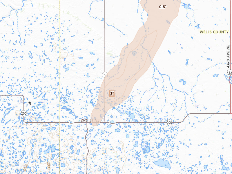 Radar-estimated hail-size map of the storm over Hurdsfield, ND on Jun 2, 2026