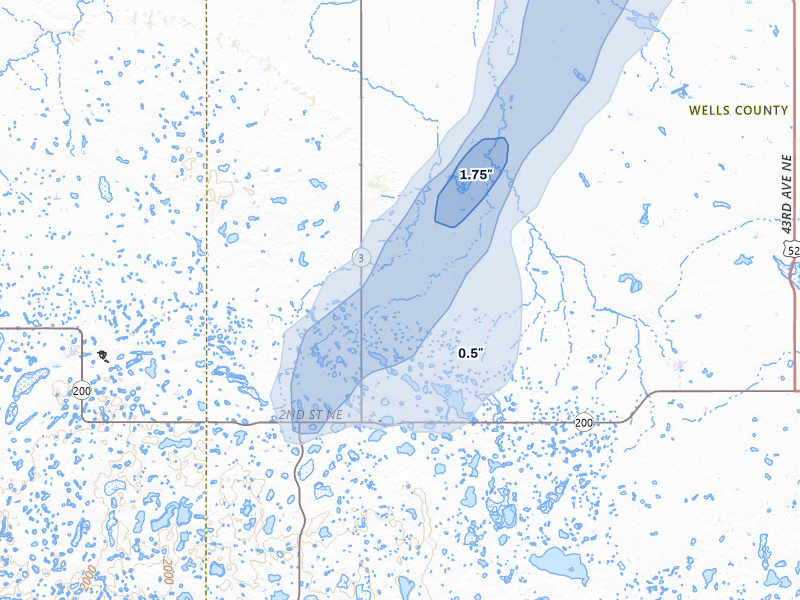 NEXRAD radar-signature map of the hail over Hurdsfield, ND