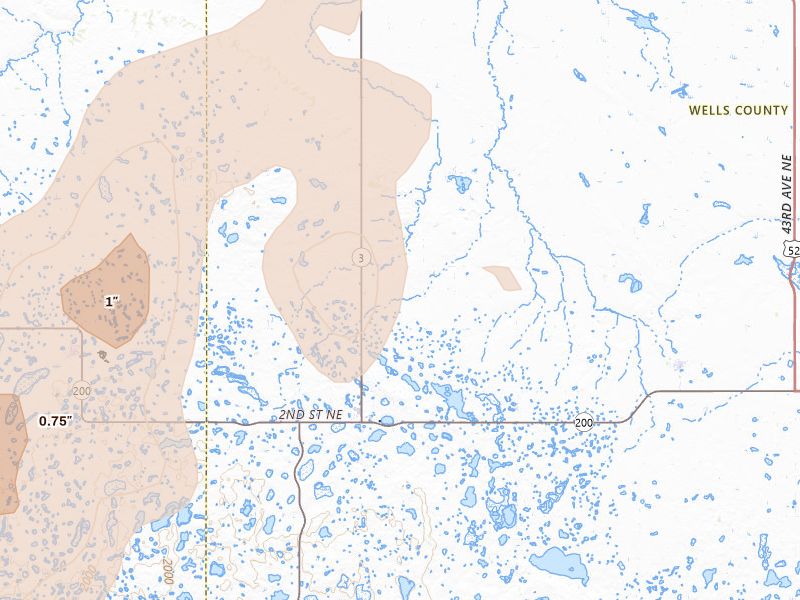 Radar-estimated hail-size map of the storm over Hurdsfield, ND on Jun 9, 2026
