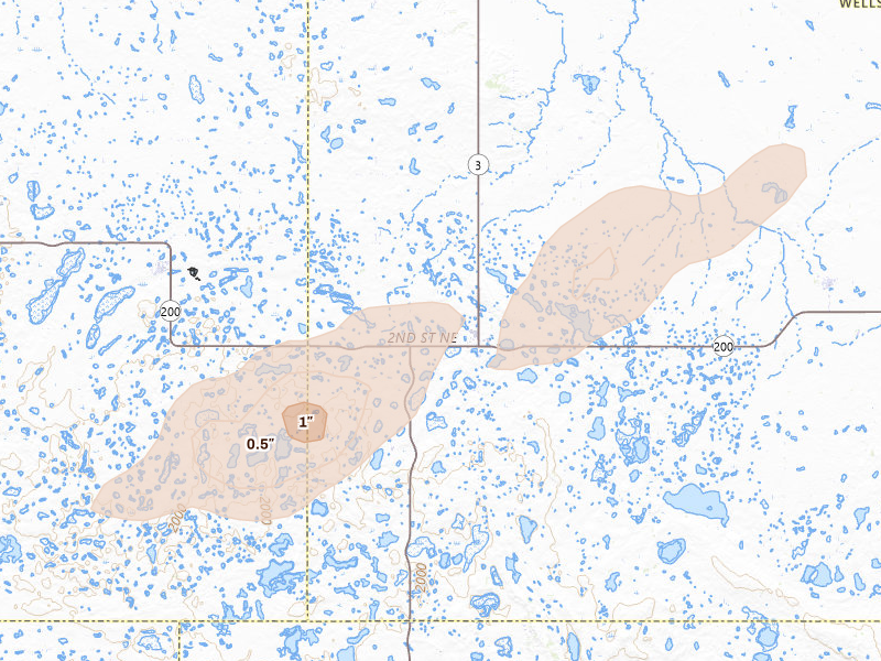 Radar-estimated hail-size map of the storm over Hurdsfield, ND