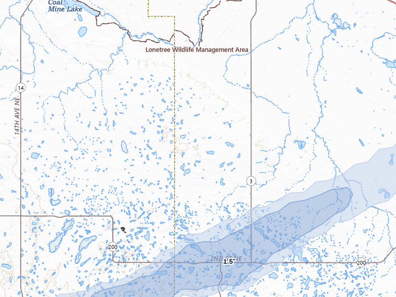 NEXRAD radar-signature map of the hail storm over Hurdsfield, ND on Aug 2, 2026
