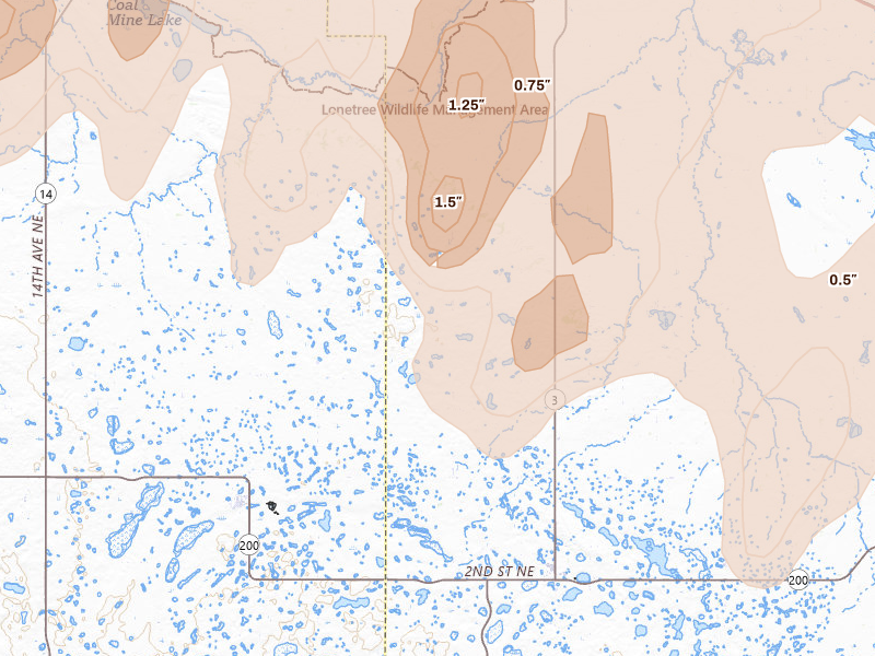 Radar-estimated hail-size map of the storm over Hurdsfield, ND