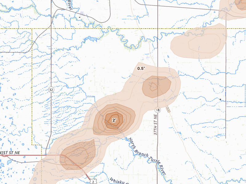 Radar-estimated hail-size map of the storm over Inkster, ND on Jun 29, 2026