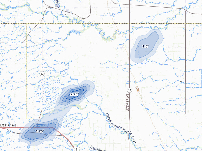 NEXRAD radar-signature map of the hail storm over Inkster, ND on Jun 29, 2026